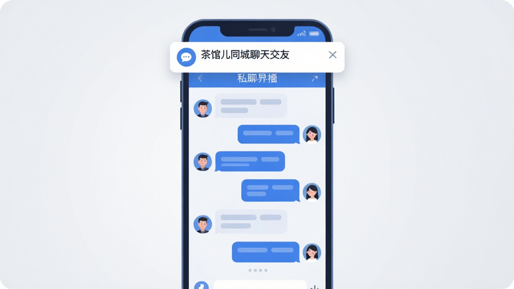 一幅展示“茶馆儿同城聊天交友”私聊界面的插画,画面中央为竖屏手机聊天窗口,窗口内显示多条聊天气泡和用户头像,手机上方弹出消息通知横幅,背景为简洁的浅灰色渐变,风格为现代扁平插画,色调以蓝色和白色为主,排版居中,画质清晰,无多余装饰。