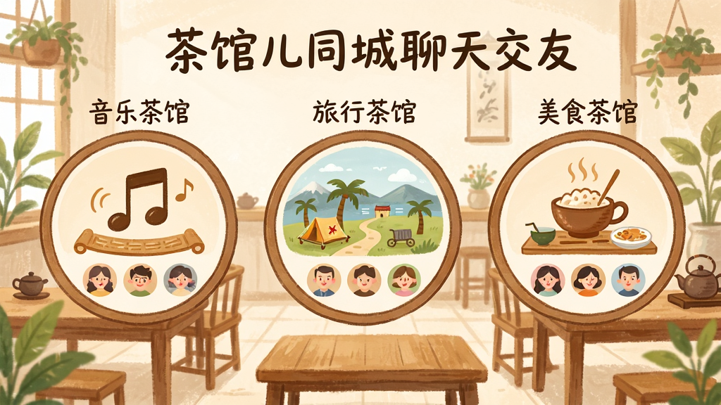 一幅表现“茶馆儿同城聊天交友”兴趣茶馆功能的插画,画面中并排展示三个圆形聊天室入口,分别标注“音乐茶馆”“旅行茶馆”“美食茶馆”,每个入口内有对应的图标和用户头像,背景是淡雅的茶馆室内场景,有木质桌椅和绿植点缀,风格为柔和手绘插画,色调温暖舒适,排版整齐,画质清晰,无杂乱元素。