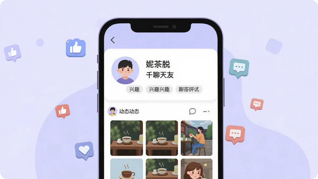 一幅展示“茶馆儿同城聊天交友”个人主页与动态功能的插画,画面主体为手机屏幕上的个人资料卡片,卡片内有圆形头像、昵称、兴趣标签和动态图片墙,卡片周围漂浮着点赞和评论的小图标,背景为柔和浅紫色,风格为清新扁平插画,排版简洁,画质干净,无多余元素。