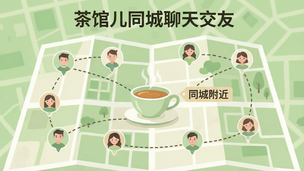 一幅展示“茶馆儿同城聊天交友”同城匹配功能的插画,画面主体为一张城市地图,地图上分布着多个用户头像气泡,气泡之间用虚线连接表示距离匹配,地图中央有一杯冒着热气的茶杯,旁边有“同城附近”字样的标签,整体风格为清新扁平插画,色调以浅绿和米白为主,排版居中,画质干净清晰,无多余元素。