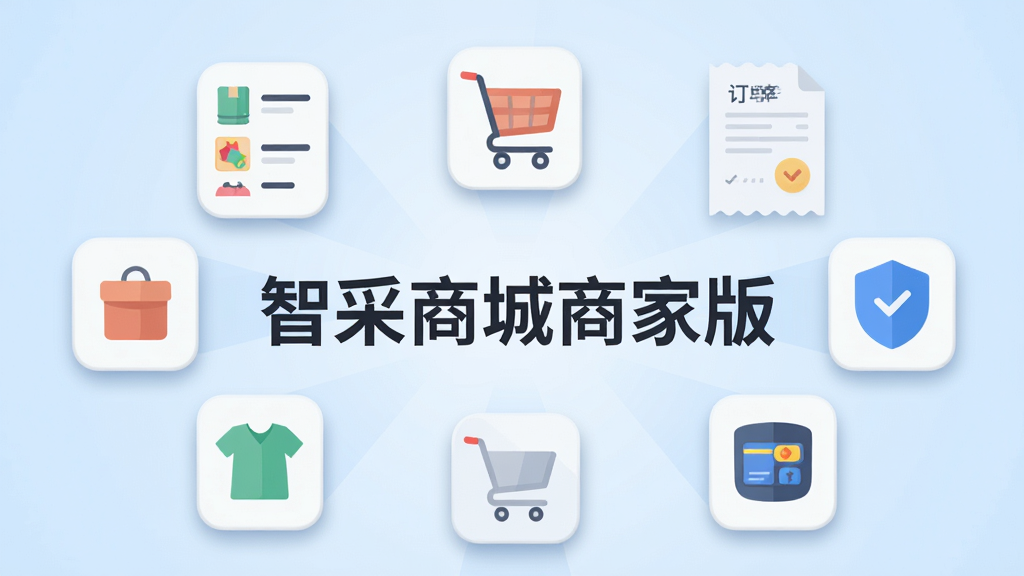 一幅扁平化插画风格的图片,画面中央是“智采商城商家版”的文字标题,周围环绕着商品列表、购物车、订单单据和支付盾牌等图标,布局呈放射状排列,风格为现代商务简约风,细节包括柔和的阴影和圆润的图标边角,画质干净清晰,背景为浅蓝色渐变,无多余元素。