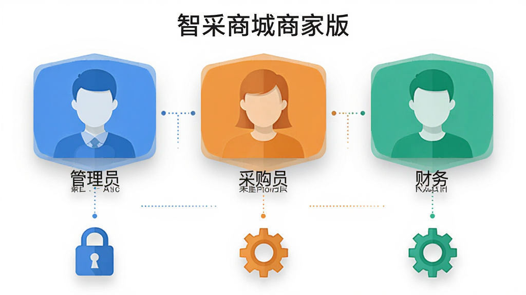 一张关于“智采商城商家版”多角色权限管理的概念图,主体是三个不同颜色的用户头像图标,分别标注管理员、采购员和财务,布局为横向排列,下方连接着数据锁和齿轮图标,风格为简洁的矢量科技风,细节包括图标之间的虚线连接和淡淡的投影,画质高清,背景为白色,无多余元素。