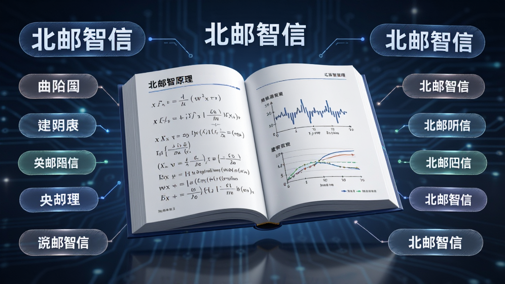 画面主体为一本打开的数字教材悬浮在中央,书页上显示着通信原理公式与图表,四周环绕着“北邮智信”文字标识和多个学科分类标签,布局对称,风格商务科技感,细节精致,画质高清,干净无多余元素