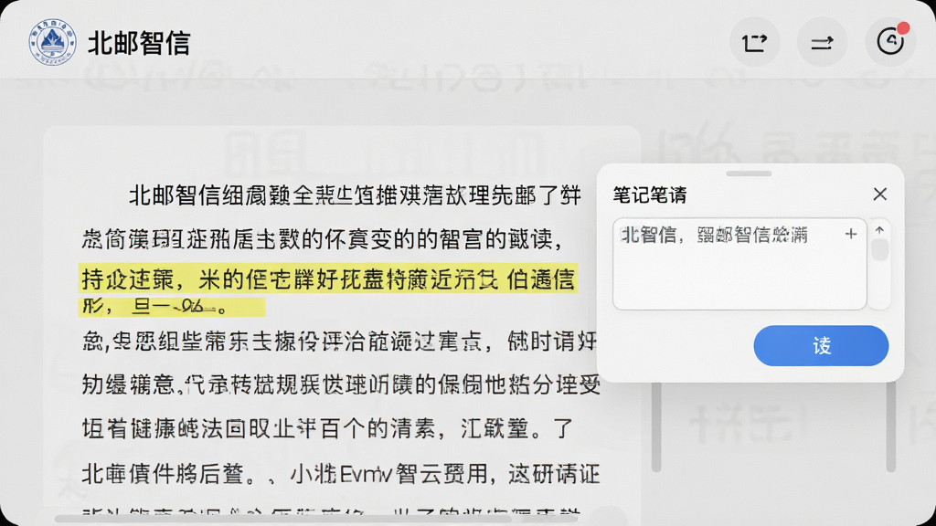 画面展示“北邮智信”阅读界面中一段文字被黄色高亮标注,旁边弹出笔记输入框,界面布局清晰,风格简洁学习风,细节精致,画质高清,干净无多余元素