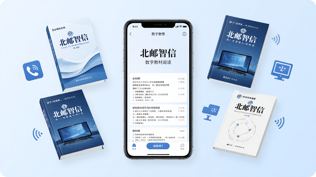 画面中央展示一部智能手机,屏幕中显示着“北邮智信”数字教材阅读界面,周围环绕着多本悬浮的电子书封面和通信、计算机学科图标,背景为浅蓝色渐变,风格简洁现代,细节清晰,画质高清,干净无多余元素