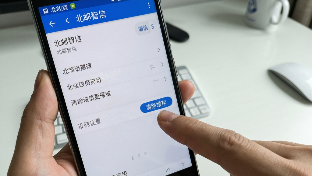 画面展示一部安卓手机屏幕显示“北邮智信”应用设置界面,旁边有手指点击“清除缓存”按钮的动作特写,背景为简洁桌面环境,风格写实教程风,细节清晰,画质高清,干净无多余元素