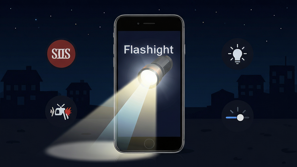 �ֵ�ͲFlashLight�������������չʾ������Ϊ��ɫҹ�䳡��������������һ�������ֻ���Ļ����������������������ǰ�����棬��Χ�����ż��Ĺ���ͼ����SOS��Ƶ�������ȵ��ڣ����ֲ������½ṹ�Ϸ�Ϊ���������·�Ϊ����չʾ���Ű��������࣬���Ϊ�ִ��Ƽ��б�ƽ����ƣ�ϸ�ڰ��������Ľ���Ч�����ֻ���Ե�ĸ߹ⷴ�䣬���ʸ��壬�ɾ����޶���Ԫ��