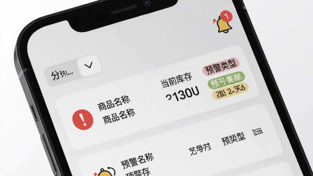 多仓库出入库库存预警界面图,画面为一部手机屏幕特写,屏幕上显示多仓库出入库软件的预警消息列表,包含红色感叹号图标、商品名称、当前库存数量和预警类型标签,背景为浅灰色渐变,风格为简约商务风,细节包括铃铛图标、数字角标和分类筛选按钮,画质清晰,干净,无多余元素