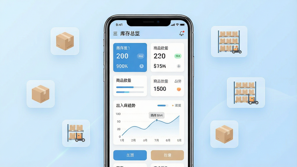 一张展示多仓库出入库软件主界面的手机应用截图风格图片,画面中央是一部现代智能手机,屏幕上显示多仓库出入库软件的库存总览页面,包含多个仓库卡片、商品数量统计和出入库趋势图,背景为干净的浅蓝色渐变,周围漂浮着半透明的商品图标和仓库货架简图,整体布局简洁清晰,风格为扁平化商务科技风,细节包括数字标签、进度条和分类按钮,画质高清,干净,无多余元素