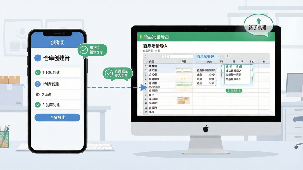 多仓库出入库新手设置流程图,画面为一部手机和一部电脑并排展示,手机屏幕上显示仓库创建界面,电脑屏幕上显示商品批量导入表格,中间用虚线箭头连接表示数据同步,背景为干净的浅色办公环境,风格为简洁教程插画风,细节包括步骤序号、对勾图标和提示气泡,画质清晰,干净,无多余元素