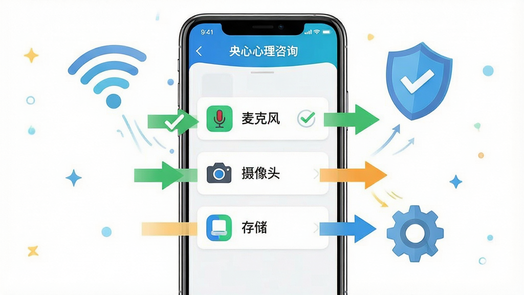 һ�Ź��ڡ�����������ѯ��APP��װ��Ȩ�����õ�ͼ��˵����������һ�������ֻ�Ϊ���ģ���Ļ����ʾ��APP��Ȩ�޹������棬����Ŀ�ĶԹ��ͼ�ͷ��ע�ˡ���˷硱��������ͷ�������洢������Ȩ����ֻ���ΧƯ����Wi-Fi�źš����ơ����ֵ�ͼ�ꡣ���Ϊ����ֱ�۵���Ϣͼ��ɫ�����죬ϸ��׼ȷ�����ʸ��壬�ɾ��޶���Ԫ�ء�