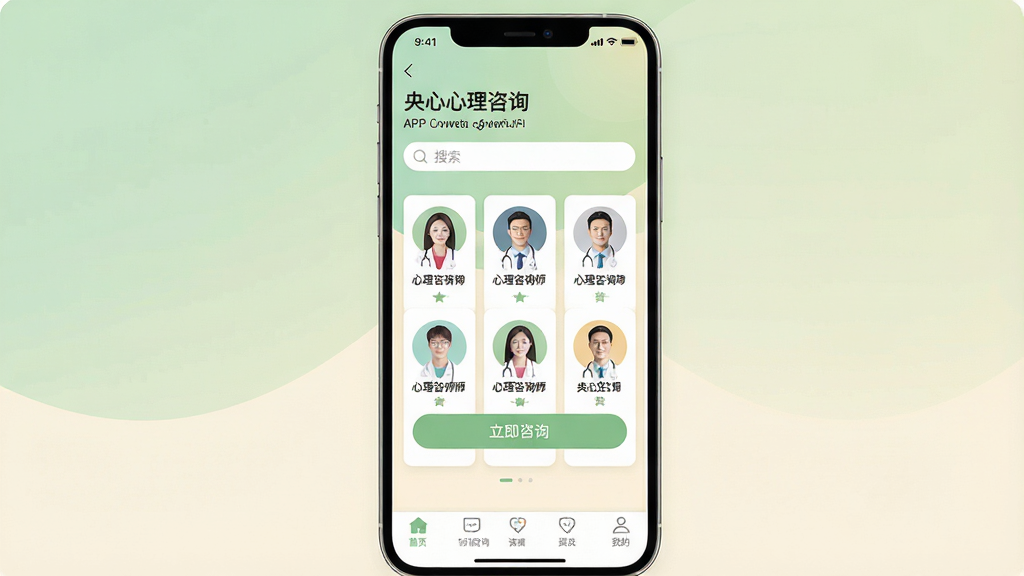 һ����ܰ���ֻ�Ӧ�ý����ͼ�����������ǡ�����������ѯ��APP����ҳ����������͵�ǳ��ɫ���װ�ɫ���䣬���涥����ʾ�ʺ�����������м�����������������ѯʦ��ͷ��Ƭ�͡�������ѯ����ť���ײ������������ɼ������岼�ּ�ࡢ��ů��������ȫ�С����Ϊ�ִ���ƽ��UI��ƣ�ϸ�ھ��£����ʸ��壬�ɾ��޶���Ԫ�ء�