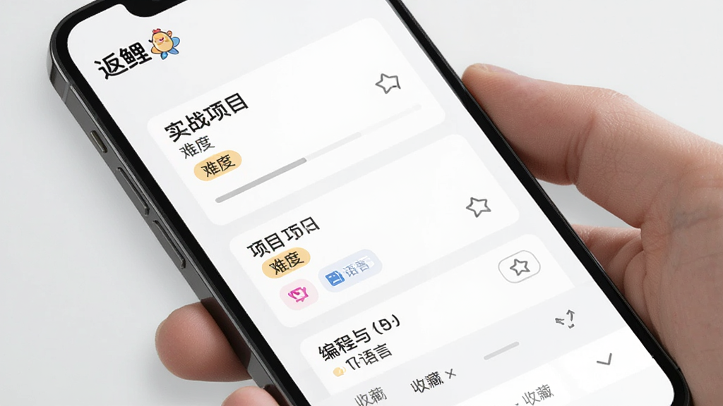 返鲤项目实战案例库界面,手机屏幕展示多个项目卡片,卡片上有项目名称、难度标签、编程语言图标,背景为浅色卡片式布局,画面中包含返鲤文字标识,风格清新简约,细节有进度条、收藏按钮、分类筛选栏,画质高清干净无多余元素