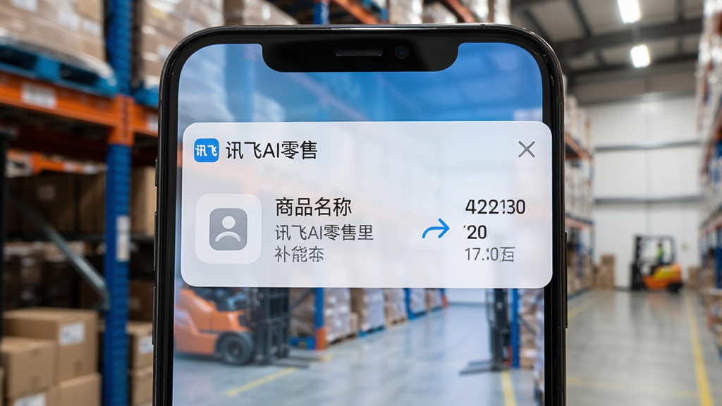 手机屏幕特写,显示“讯飞AI零售”的补货提醒通知,通知中列出商品名称与建议补货数量,背景为仓库货架,风格写实,细节清晰,画质干净,无多余元素