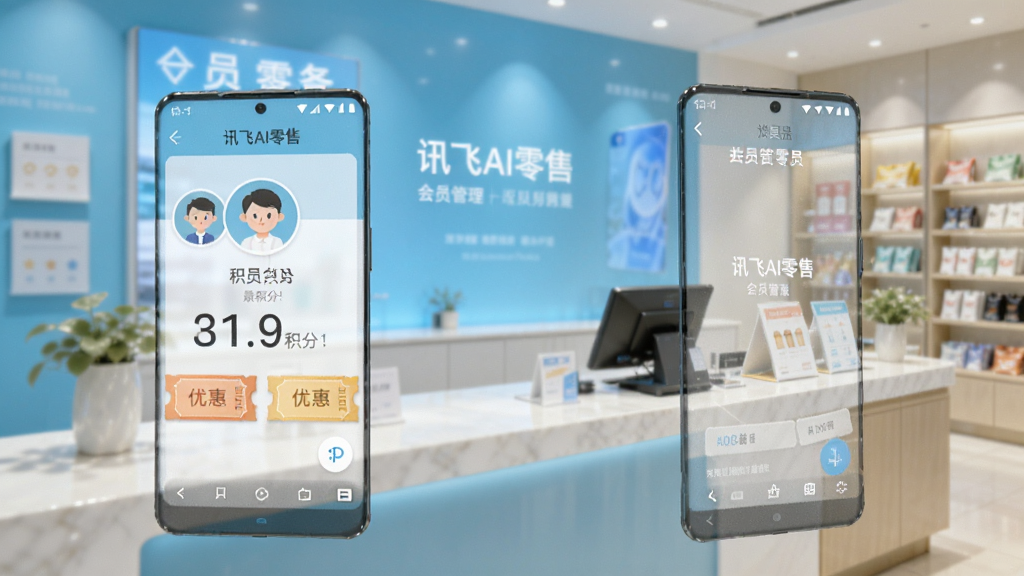 一部安卓手机显示“讯飞AI零售”的会员管理页面,页面中有会员头像、积分数字和优惠券图标,背景为零售门店前台,风格清新,画质干净,无多余元素