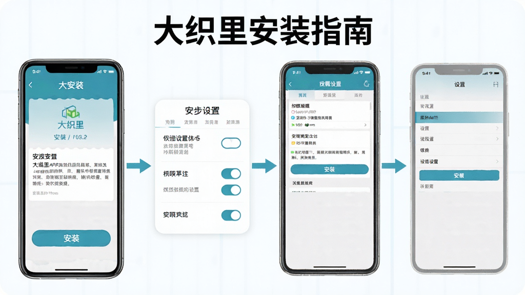 һ��չʾ��֯��APP��װʹ�ý̵̳�ͼƬ�������������ֻ���Ļ��ʾ��װ������Ȩ�����ý��棬���ֲ��÷ֲ�����ͼ��ʽ�����Ϊ�������˵Ľ̷̳��ϸ�ڰ�����װ��ť��Ȩ�޿��ء����ò˵���Ԫ�أ����ʸ���ɾ������������ֱ�ע����֯�ﰲװָ�ϡ�