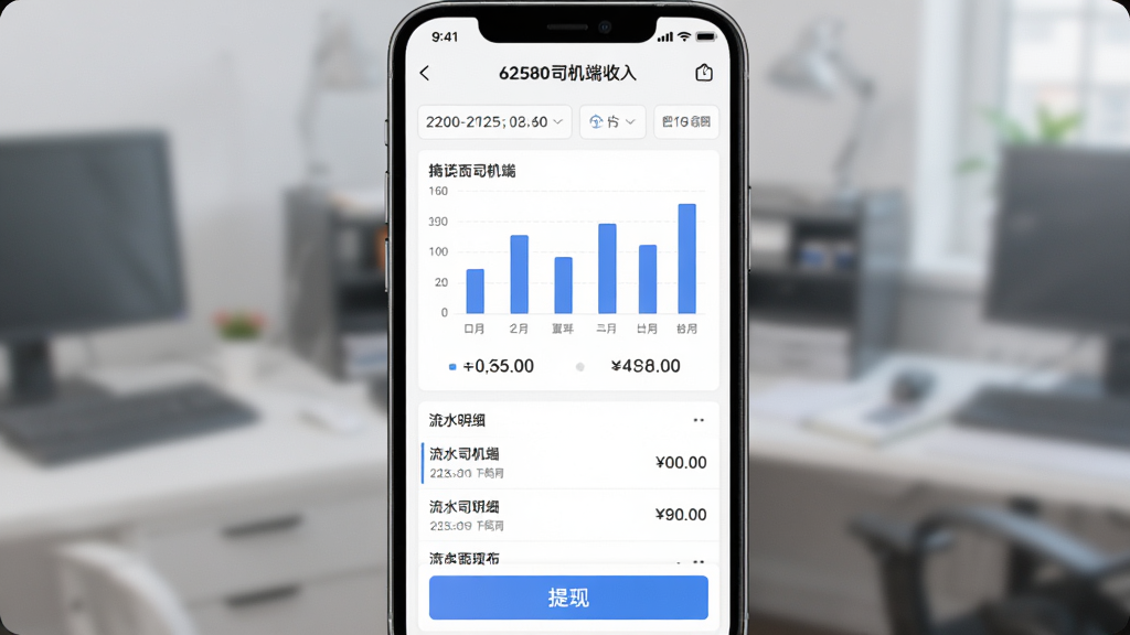主体为“62580司机端”收入统计页面,布局为手机屏幕居中展示,屏幕内显示柱状图与数字金额,排版为上下分区,风格为清爽商务风,细节包括日期筛选栏、流水明细列表、提现按钮,画质高清,画面干净,无多余元素