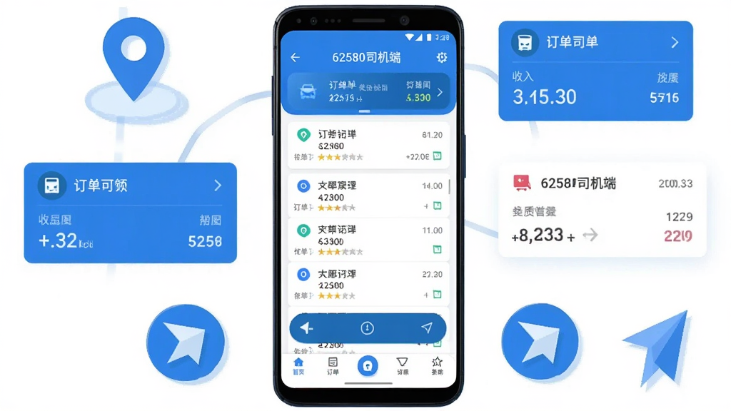 主体为一部安卓手机屏幕显示“62580司机端”接单界面,布局为手机居中放置,周围环绕地图定位图标、订单卡片、导航箭头等元素,排版采用上下结构,风格为扁平化科技蓝配色,细节包括屏幕内订单列表、收入统计小卡片、底部导航栏,画质高清,画面干净,无多余元素