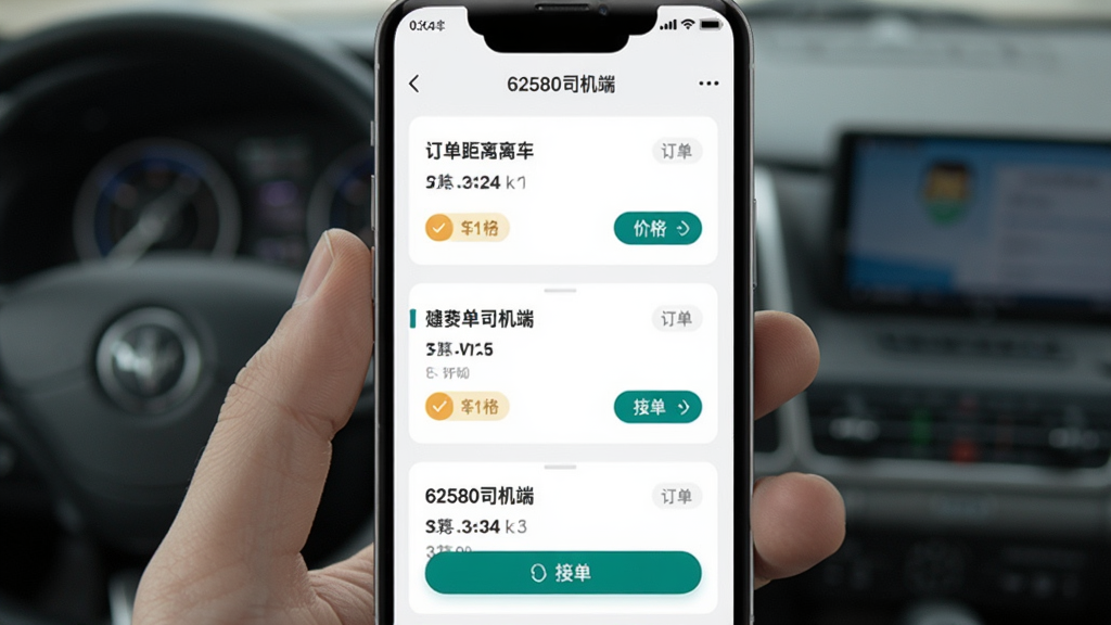 主体为“62580司机端”手机应用界面特写,布局为手机屏幕占据画面中心,屏幕中弹出多个订单推送卡片,排版为纵向列表排列,风格为现代简约风,细节包括订单距离、价格标签、接单按钮,画质清晰,画面干净,无多余元素