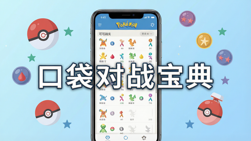 一张手机屏幕展示宝可梦数据查询界面的图片,画面中央是手机竖屏,屏幕内显示宝可梦图鉴列表与属性图标,背景为淡蓝色渐变,周围漂浮着精灵球与属性符号的扁平化装饰元素,整体风格清新简洁,画质清晰,干净无多余元素,图片中打文字“口袋对战宝典”
