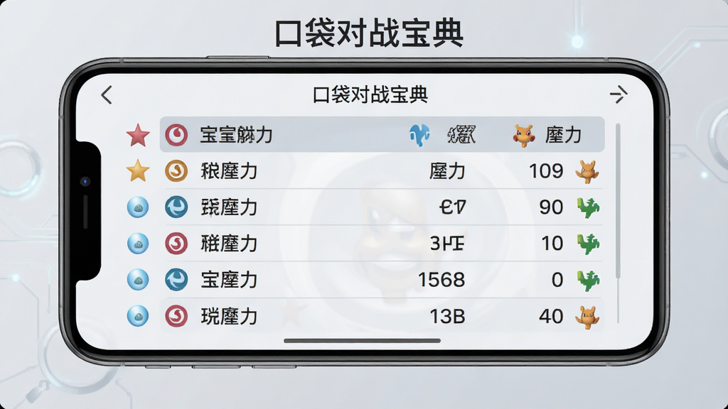 一张展示宝可梦技能列表面板的图片,画面中手机横屏显示技能表格,表格内包含招式名称与威力数值,旁边有属性图标点缀,背景为浅灰色,风格为简约科技感,画质清晰,干净无多余元素,图片中打文字“口袋对战宝典”