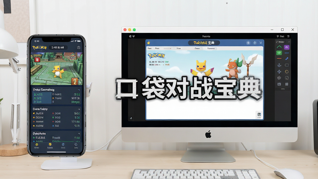 一张展示手机与电脑模拟器同时运行宝可梦数据软件的对比图,画面左侧为手机竖屏,右侧为电脑横屏模拟器窗口,背景为浅色桌面,风格为数码产品展示风,画质清晰,干净无多余元素,图片中打文字“口袋对战宝典”