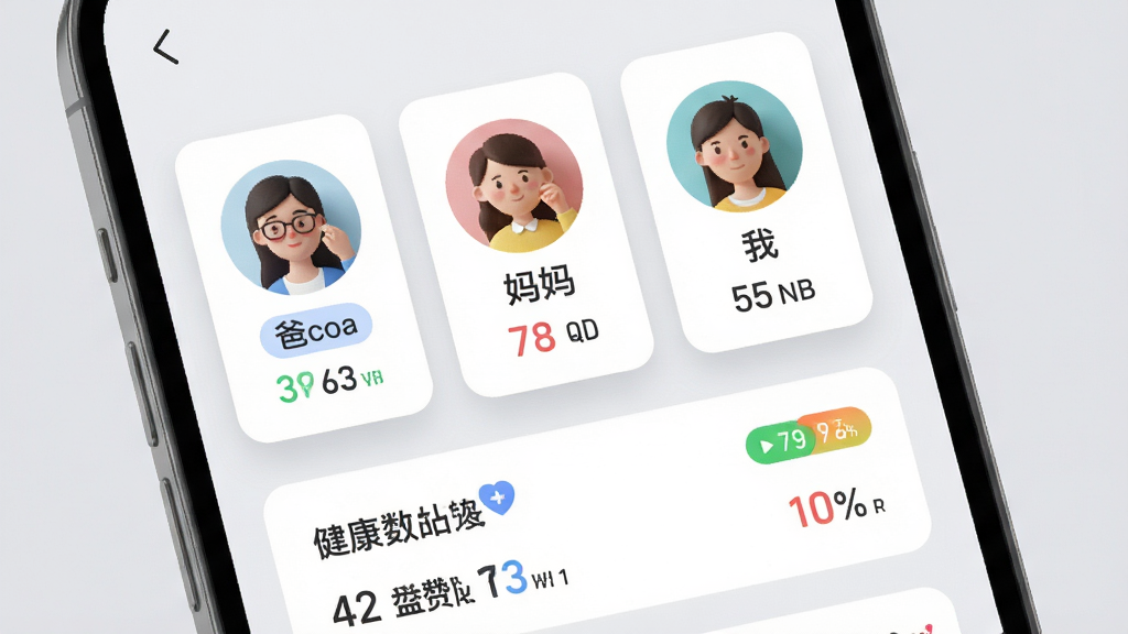 一部手机屏幕中显示三个家庭成员头像卡片,分别标注爸爸、妈妈、我,卡片下方是各自健康数据摘要;布局为上下排列的卡片列表,背景为柔和浅灰色;风格为清新简约UI展示图,细节包括圆角头像、彩色数据标签、轻量阴影;画质清晰,干净,无多余元素