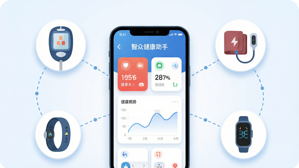 画面中央放置一部智能手机,屏幕显示智众健康助手主界面,界面包含健康数据卡片和趋势曲线;手机周围环绕血糖仪、血压计、智能手环等设备图标,以虚线连接表示数据同步;布局采用中心放射式构图,背景为干净的浅蓝白色渐变;风格为扁平化科技插画,细节包括圆角卡片、柔和阴影、简洁图标;画质清晰,干净,无多余元素
