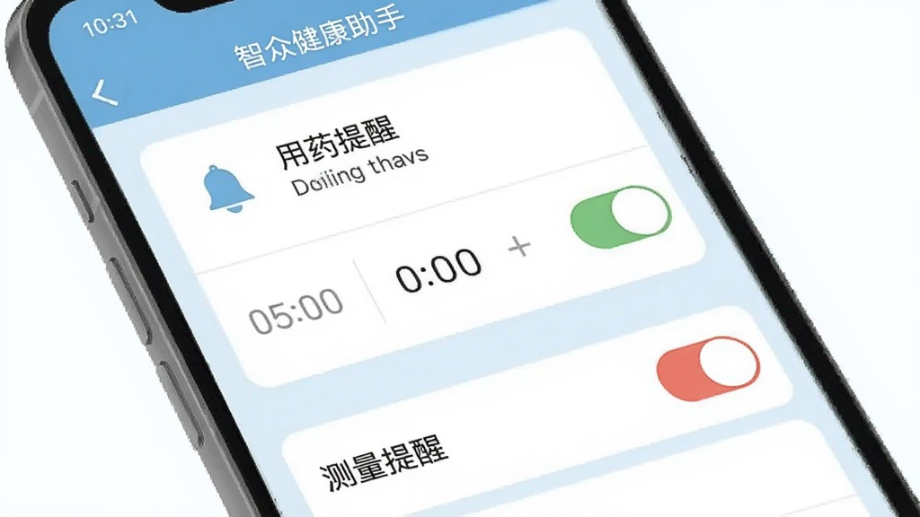 智众健康助手提醒设置界面,手机屏幕上显示用药提醒卡片和测量提醒开关;布局为设置列表形式,背景为淡蓝色;风格为扁平化移动端UI,细节包括铃铛图标、时间选择器、彩色开关按钮;画质清晰,干净,无多余元素