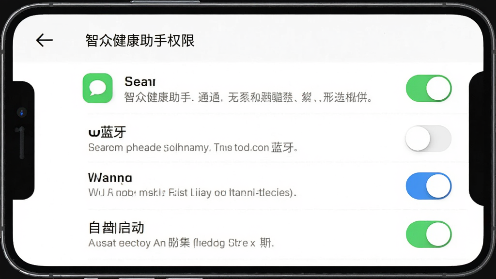 手机屏幕展示智众健康助手的权限设置页面,包含通知、蓝牙、自启动等开关选项;布局为设置列表,背景为白色;风格为简洁移动端界面截图,细节包括彩色开关、权限说明文字、返回箭头;画质清晰,干净,无多余元素