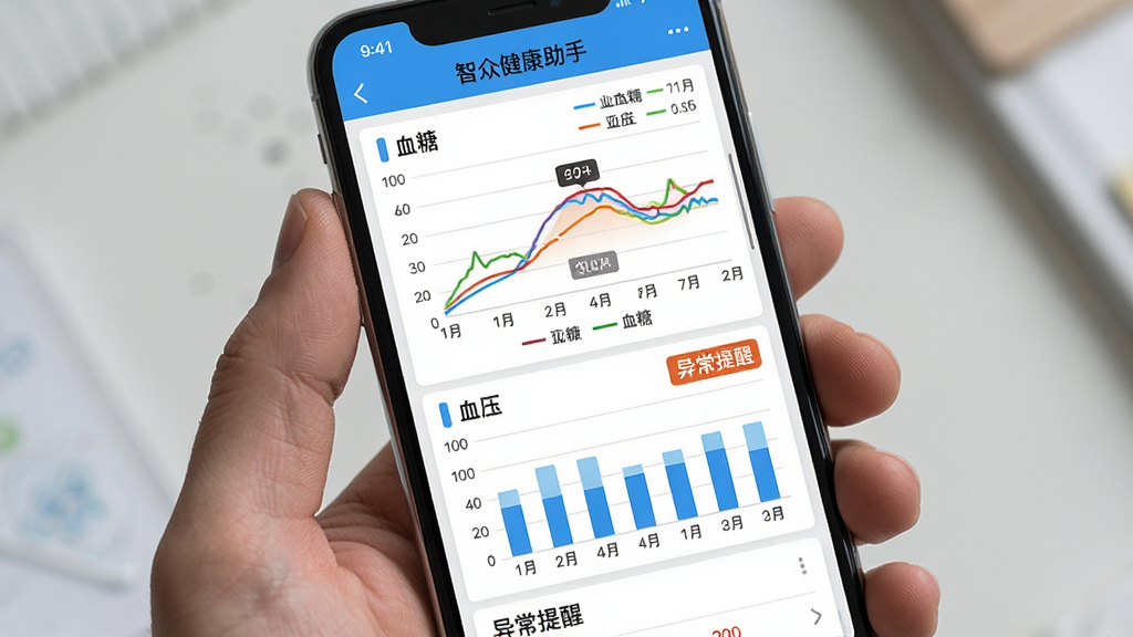 手机屏幕显示智众健康助手的健康趋势分析页面,包含血糖折线图、血压柱状图和异常提醒标签;布局为纵向滚动页面截图风格,背景为白色;风格为数据可视化界面展示,细节包括彩色曲线、数值标注、图例说明;画质清晰,干净,无多余元素
