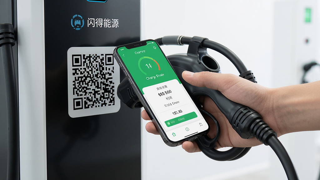 一张展示闪得能源扫码充电功能的图片,画面中一只手拿着手机对准充电桩上的二维码,手机屏幕显示充电启动界面,包含电量、费用、时间等信息,布局聚焦,排版直观,风格写实科技,细节包括充电枪和线缆,画质高清,干净,无多余元素