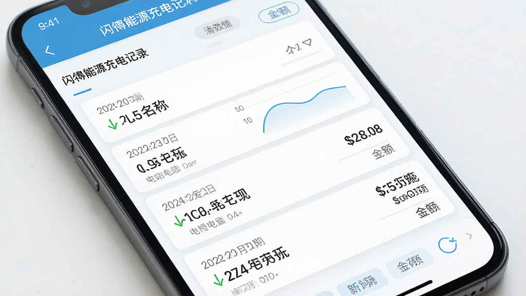 一张展示闪得能源充电记录页面的图片,画面为手机屏幕,屏幕内列表展示多条充电订单,每条包含日期、电站名称、电量和金额,界面整洁,排版有序,风格清新商务,细节包括统计图表和筛选标签,画质高清,干净,无多余元素