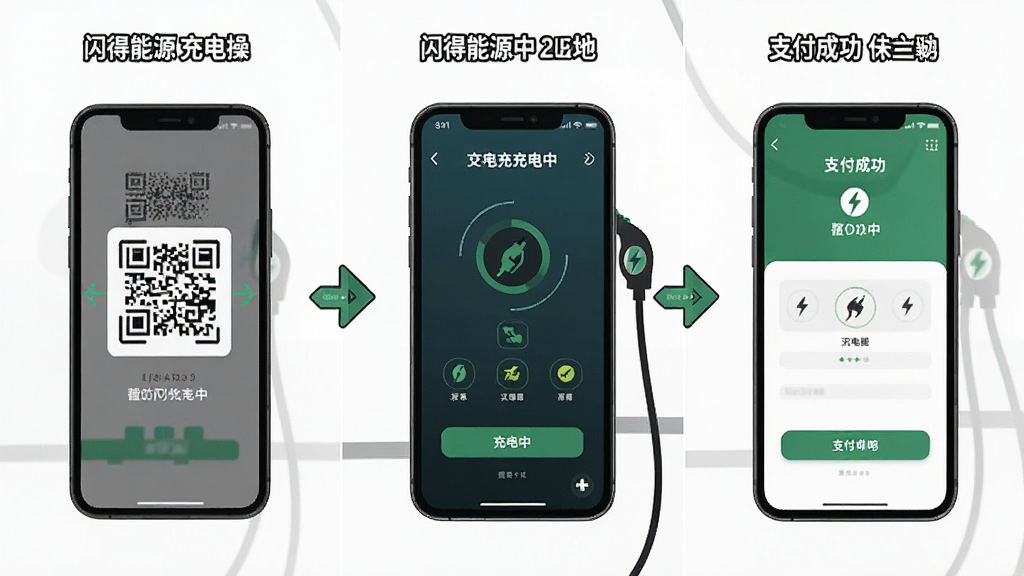 一张展示闪得能源充电操作步骤的图片,画面分为三个部分,左侧为手机扫码,中间为充电中界面,右侧为支付成功页面,布局分栏清晰,排版有序,风格扁平化,细节包括箭头引导和图标说明,画质高清,干净,无多余元素