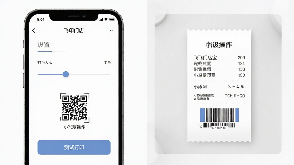 飞飞门店宝新手设置操作示意图,主体为手机屏幕展示打印设置与小票模板预览,布局为左右分栏,左侧为设置选项,右侧为小票样式,风格清爽素雅,细节包含字体大小滑块、二维码、测试打印按钮,画质清晰,干净无多余元素