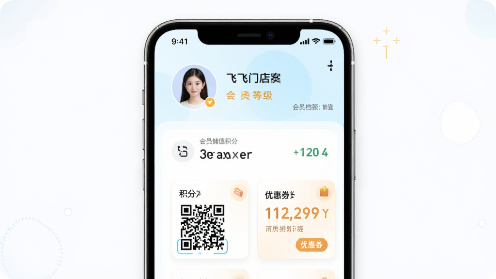 飞飞门店宝会员营销功能示意图,主体为手机屏幕展示会员档案与储值界面,布局为上下结构,上方为会员头像与等级,下方为储值金额与优惠券卡片,风格清新浅色,细节包含积分数字、二维码、优惠标签,画质清晰,干净无多余元素