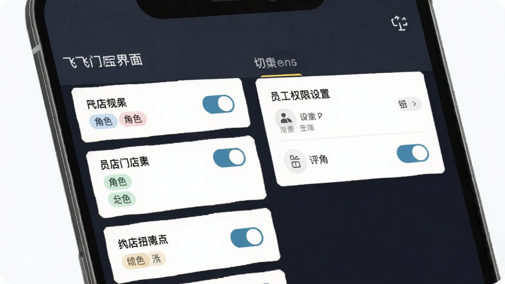 飞飞门店宝多门店管理界面图,主体为手机屏幕展示门店切换列表与员工权限设置,布局为卡片式排列,风格简约商务,细节包含门店名称、角色标签、开关按钮,画质清晰,干净无多余元素