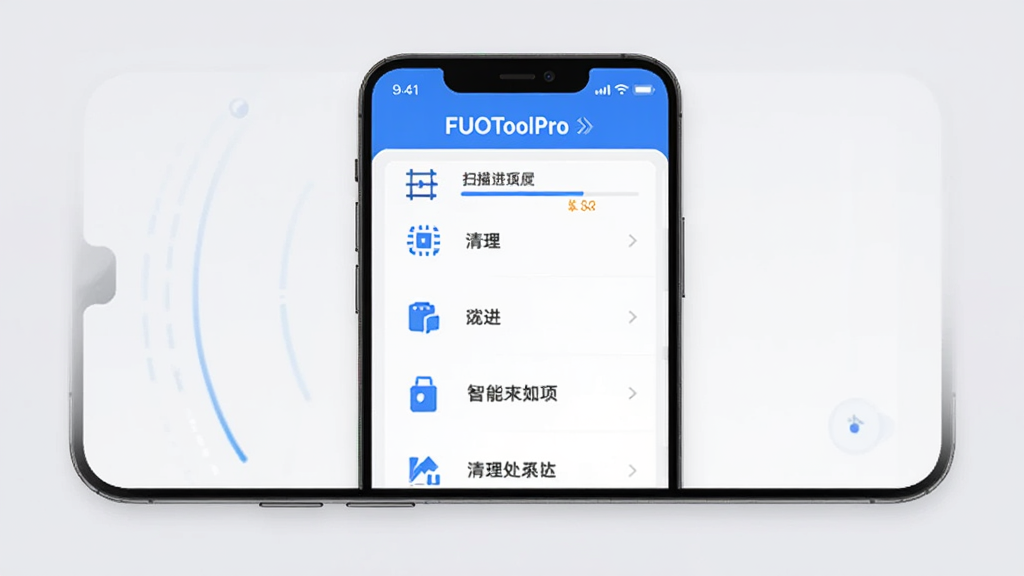FUOToolPro智能优化功能界面,手机屏幕显示扫描进度条和清理项目列表,界面以蓝色和白色为主色调,图标简洁,背景为浅灰色,画面干净清爽,突出科技感与实用性