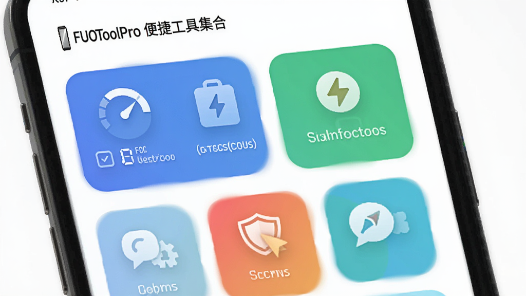 FUOToolPro便捷工具集合页面,手机屏幕展示多个功能卡片排列,包括网络测速、电池检测、存储分析等图标,卡片式布局,圆角设计,配色清新,背景为白色,整体风格简约现代,画质清晰
