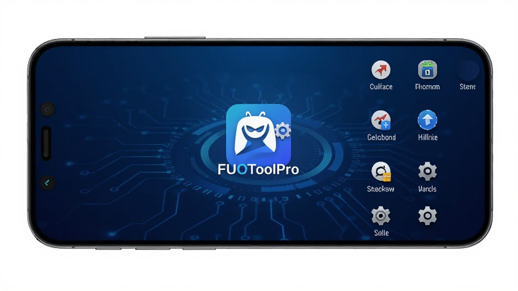 FUOToolPro软件主界面全貌展示,手机屏幕中央显示软件Logo和功能菜单列表,背景为深蓝色渐变科技风格,界面干净整洁,包含优化加速、实用工具、设置等图标排列整齐,画质清晰,无多余元素
