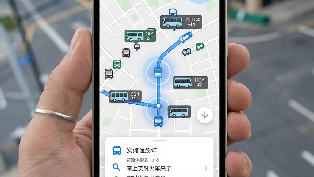 掌上实时公交车来了实时地图追踪功能界面,手机屏幕显示城市地图,地图上标注多个公交站点和正在行驶的公交车图标,车辆旁边显示线路号和距离本站的站数,界面底部有线路详情卡片,整体采用浅色地图底图配合蓝色高亮路线,风格现代简洁,细节包含定位光圈和车辆朝向箭头,画质清晰,画面干净整洁