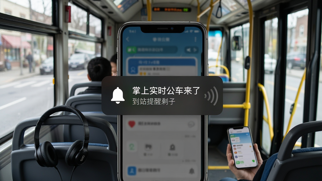 掌上实时公交车来了到站提醒功能展示,手机屏幕弹出提醒弹窗,显示即将到站名称和剩余站数,背景为公交车内座位视角,画面中有耳机、手机和窗外街景,风格写实生活化,细节包括弹窗上的铃铛图标和震动波纹,画质高清,画面干净,无多余元素