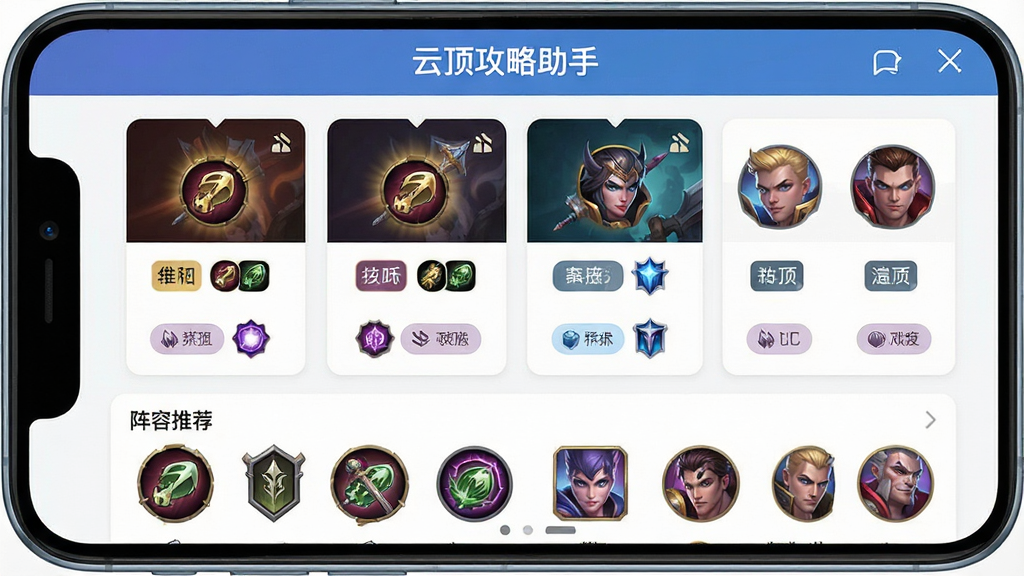 一张展示云顶攻略助手应用界面的手机屏幕截图,画面中央是软件主界面,顶部显示
