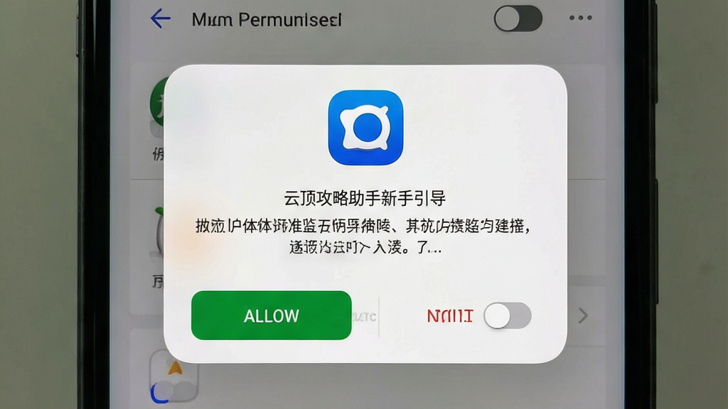 一张展示云顶攻略助手新手引导页面的手机截图,画面主体为手机屏幕显示设置权限弹窗,布局中央为权限请求对话框,排版上方为软件图标下方为允许与拒绝按钮,风格为简洁明快的系统原生风格,细节包含文字说明与开关图标,画质高清,干净,无多余元素