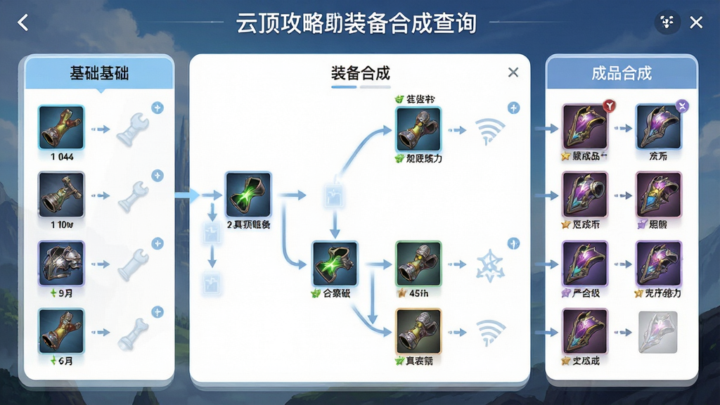 一张展示云顶攻略助手装备合成查询功能的界面图,画面中央为装备合成树状图,左侧是基础装备图标,右侧是合成后的成品装备,布局采用左右分栏,排版清晰,风格为明亮清爽的卡片式设计,细节包含装备名称文字与箭头连接线,画质高清,干净,无多余元素