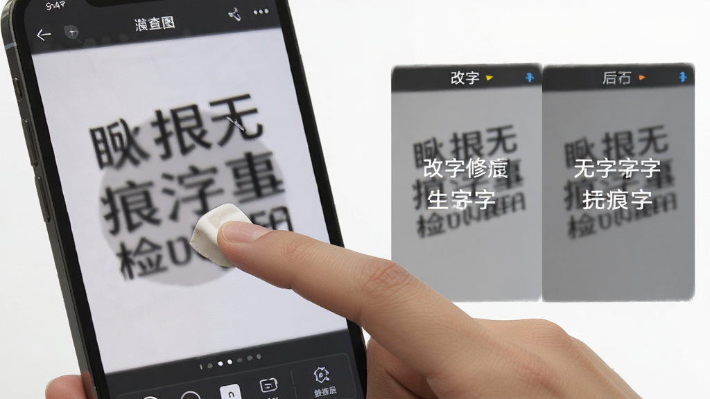 p图修图无痕改字软件无痕改字功能界面,画面中一只手正在手机上操作擦除图片文字,擦除区域自动填充背景,旁边显示改字前后对比效果,风格写实简洁,细节包括手指触控和屏幕高亮,画质清晰干净无多余元素