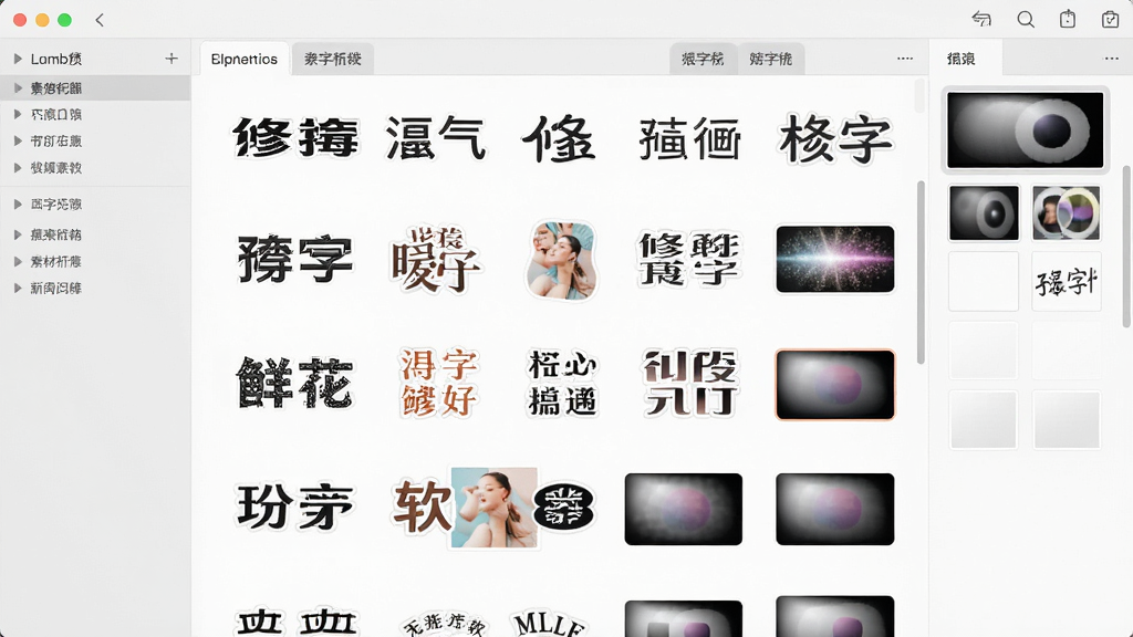 p图修图无痕改字软件素材库界面,展示多种字体、贴纸、滤镜缩略图排列整齐,背景为浅灰色,风格清新简约,细节包括素材分类标签和预览小图,画质高清干净无多余元素