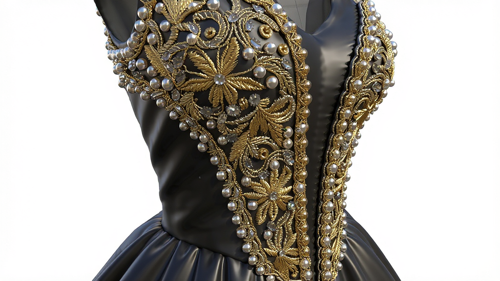 一张展示3D服装材质细节的特写图,主体是一件华丽的刺绣礼服局部特写,布局为服装占据画面大部分区域,排版突出材质纹理,风格为写实3D渲染,细节包括金丝刺绣的每一针线纹路珠片反射的光泽丝绸面料的光滑质感,画质超高清干净无多余元素,画面中不出现任何文字