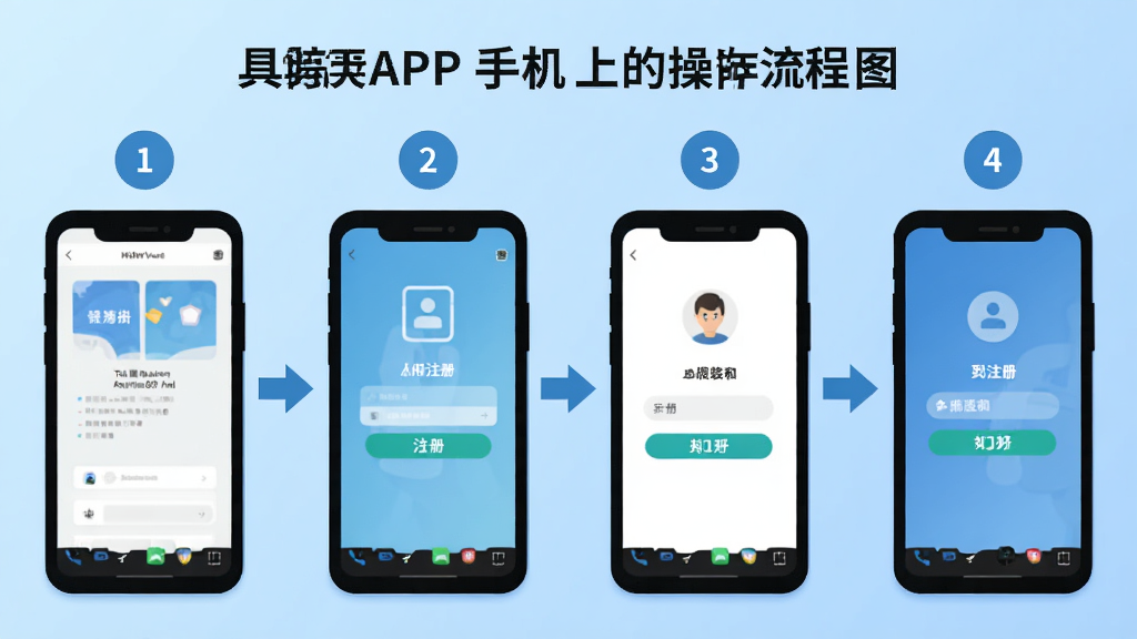 �ߺ���APP���ֻ��ϵĲ�������ͼ������չʾ�Ӱ�װ��ע����ĸ����裬ÿ���������ֻ���Ļ��ͼ������Ϊǳ��ɫ���䣬����ƽ����Ϣͼ��ϸ�ڰ�����ͷָ���������ţ����������ɾ����޶���Ԫ��