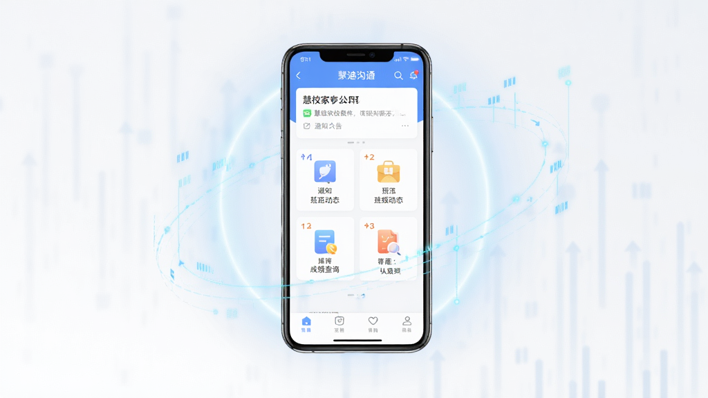 慧迪家校软件主界面全貌展示,主体为一部智能手机居中放置,屏幕显示家校沟通应用首页,包含通知公告、班级动态、成绩查询等模块图标,布局清晰整齐,排版采用上下结构,风格为现代简约扁平化设计,细节上手机周围环绕柔和光晕与淡蓝色数据线条,画质高清,画面干净,无多余元素